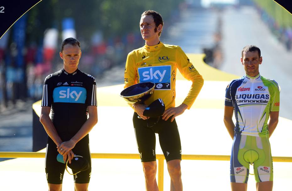Wiggins vincitore del Tour de France 2012, 2 classificato Froome, 3 Nibali (Bettini)